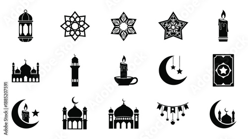 Islamic symbols and architecture collection featuring mosques lanterns stars crescents and religious texts