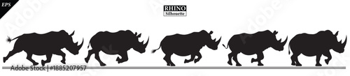 set of Black silhouette of rhinoceros isolated on white background, Beautiful rhinoceros logo icon vector design, standing, rhino silhouette vector illustration, vector. Black rhino Silhouette logo 