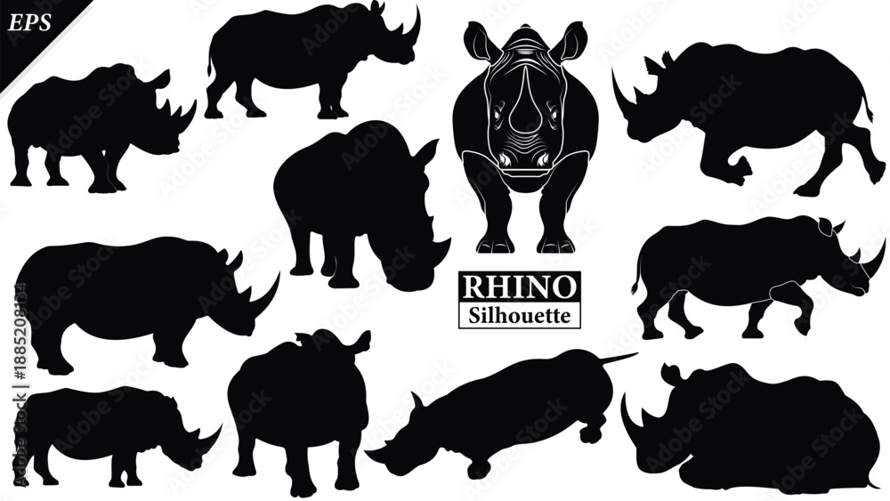 Fototapeta premium set of Black silhouette of rhinoceros isolated on white background, Beautiful rhinoceros logo icon vector design, standing, rhino silhouette vector illustration, vector. Black rhino Silhouette logo 