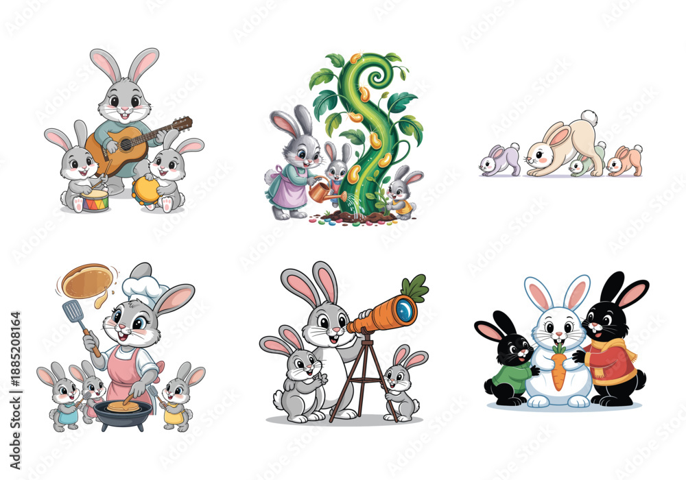 Fototapeta premium Adorable bunny family enjoying music gardening cooking and stargazing on white background