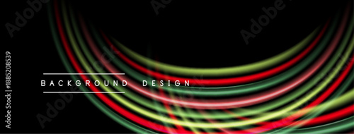 Abstract flowing lines create vibrant background. Red, green, yellow hues blend against black space. Modern design element.