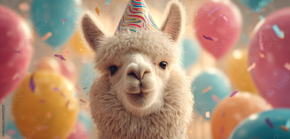 Fototapeta premium Cute alpaca wearing a colorful party hat surrounded by pastel balloons and festive confetti