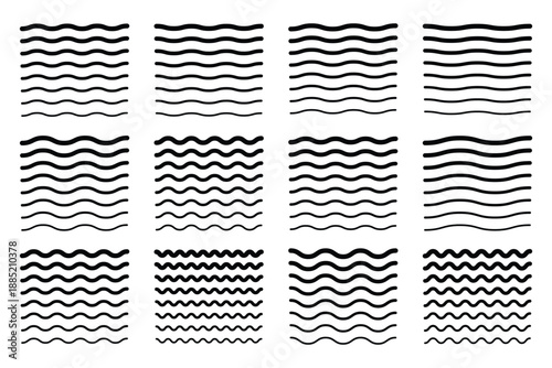 Waves line set. Wave ornament pattern. Set of wavy zigzag lines. Wave thin line background. Set of various black wavy and zigzag lines, patterns.