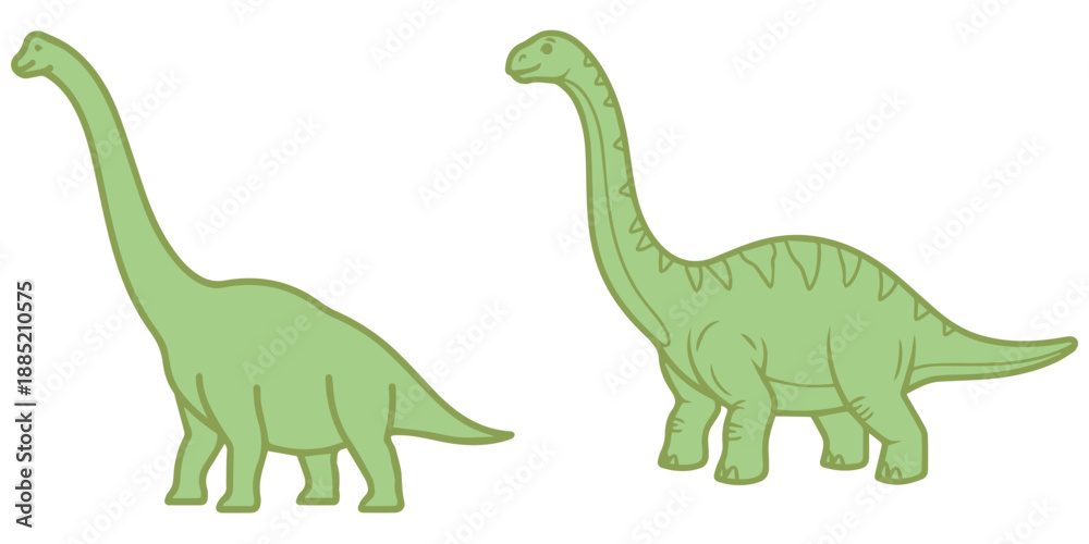 Fototapeta premium Two green sauropod dinosaurs simple illustration with different line details