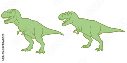 Two green tyrannosaurus rex dinosaurs standing with open mouths