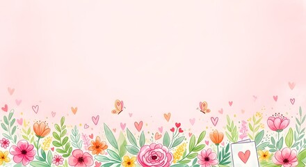 Vibrant floral border on soft pink background