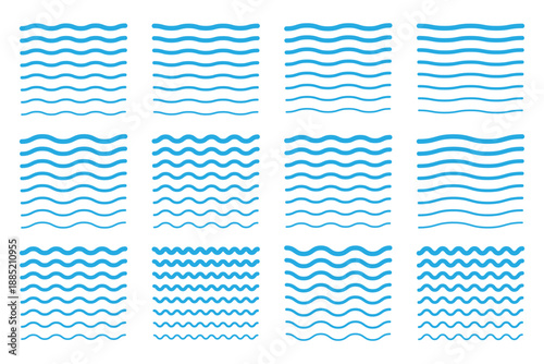 Blue waves line set. Wave ornament pattern. Set of wavy zigzag lines. Collection of wavy or zigzag lines. Horizontal thin lines wave. 