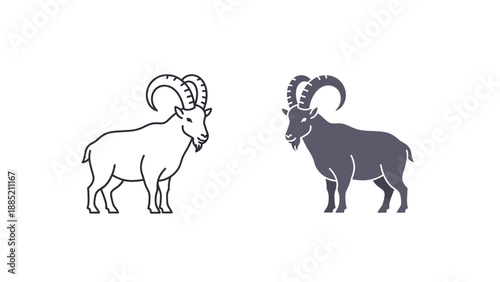 Two stylized ibex or wild goat icons displayed side by side one as an outline and the other as a solid silhouette representing wildlife art