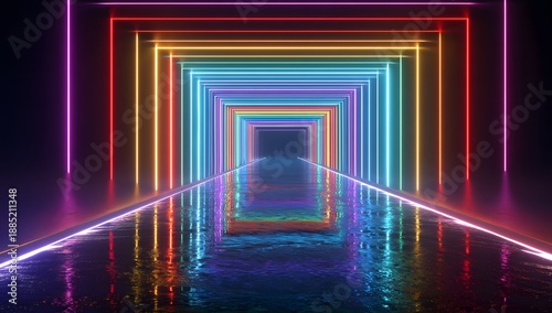 Endless neon tunnel glowing with vibrant rainbow colors, futuristic architecture, and reflective wet floor creating a dazzling light show