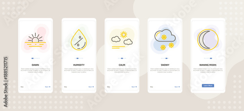 onboarding screen template for weather mobile app ui with dawn, humidity, calm, snowy, waning moon icons.