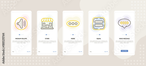 onboarding screen template for UI elements mobile app ui with medium volume, store, more, equal, voice message icons.