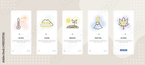 onboarding screen template for weather mobile app ui with celsius, clouds, drought, eruption, autumn icons.