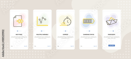 onboarding screen template for UI elements mobile app ui with next page, multiple variable lines, express, charging status, paper boat icons.
