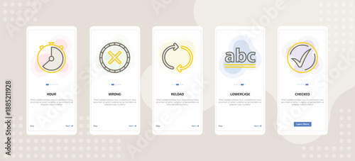 onboarding screen template for UI elements mobile app ui with hour, wrong, reload, lowercase, checked icons.