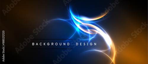 Abstract design features vibrant orange, blue light streaks. Dark background emphasizes flowing energy, modern aesthetic. Simple text reads background design.