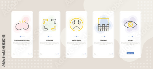 onboarding screen template for UI elements mobile app ui with disconnected chains, corners, angry smile, gradient, visual icons.