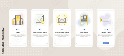 onboarding screen template for UI elements mobile app ui with offices, check box with cursor, email envelope button, news report, battery loaded icons.