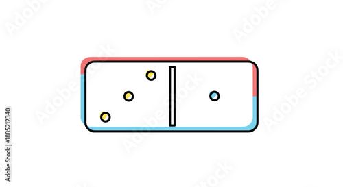 White domino tile with three yellow pips and one blue pip, featuring a vibrant red and cyan glitch effect for a modern gaming aesthetic.