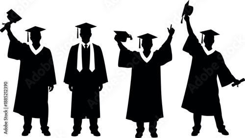 Black Silhouette Set of Four University Graduates Wearing Academic Caps and Gowns Celebrating Graduation Ceremony Success Holding Diplomas and Tossing Hats