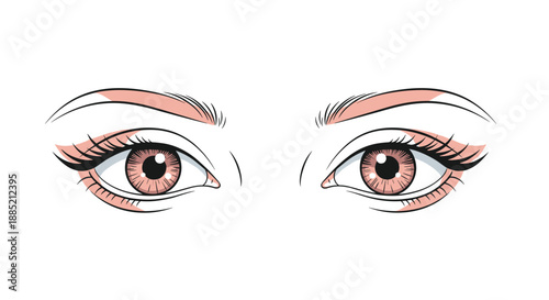 Detailed illustration of beautiful human eyes with pink irises and elegant makeup, showing a clear and focused gaze for beauty concepts.
