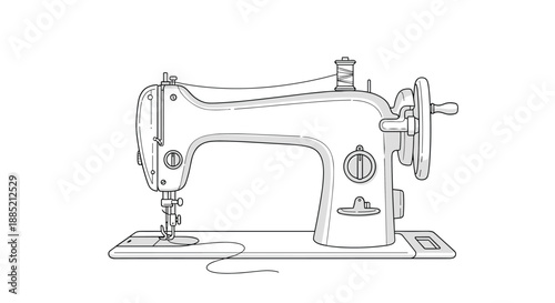 Detailed line drawing of a classic vintage sewing machine, perfect for themes related to fashion design, tailoring, and handmade crafts.
