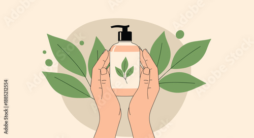 Two hands holding a pump bottle of natural skin care product surrounded by fresh green leaves against a soft beige circular backdrop.