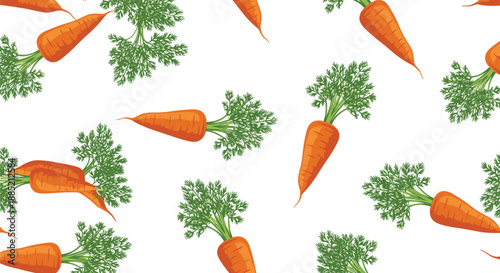 Vibrant pattern of whole orange carrots with lush green leafy tops scattered across a white background for fresh and healthy food themes.