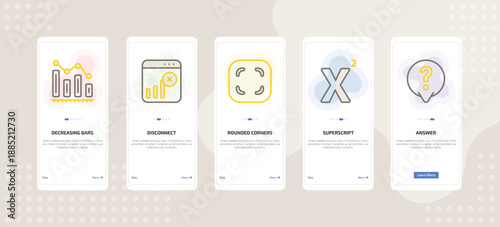 onboarding screen template for UI elements mobile app ui with decreasing bars chart, disconnect, rounded corners square, superscript, answer icons.