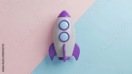 Toy rocket ship with purple fins and accents on pastel pink and blue background purple rocket gray rocket