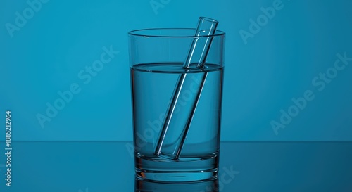A simple glass of clear water containing a submerged cylinder, clearly showing the optical effect of light bending at the liquid surface ,cylinder ,clear ,straw