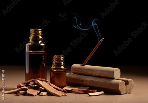 A still life arrangement showcasing fragrant sandalwood essential oil alongside natural wood chips used in traditional incense and aromatic wellness practices ,calm ,medicinal ,wellness