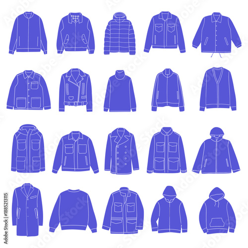 Flat vector illustration set of various jackets and outerwear in blue color with clean white outlines. perfect for apps, catalogs, websites, and branding projects.