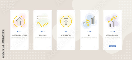 onboarding screen template for UI elements mobile app ui with up arrow fold button, drop down, upload button, gap, arrow heading up icons.
