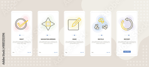 onboarding screen template for UI elements mobile app ui with right, navigation arrows, make, recycle, restart icons.