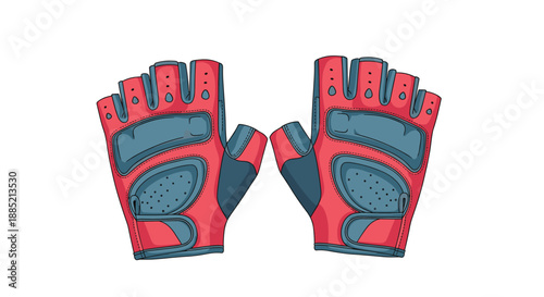 Pair of professional red and dark blue weightlifting gym gloves with padded palms and fingerless design for workout comfort.