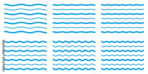 Blue waves line set. Wave ornament pattern. Set of wavy zigzag lines. Collection of wavy or zigzag lines. Horizontal thin lines wave. 