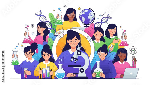 A colorful illustration of diverse girls and women engaged in various science activities with beakers, a microscope, and a laptop, conveying a super colorful and educational mood.