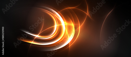 Bright orange lines curve against dark background. Abstract design evokes energy, motion, light effects. Smooth gradients create visual interest.