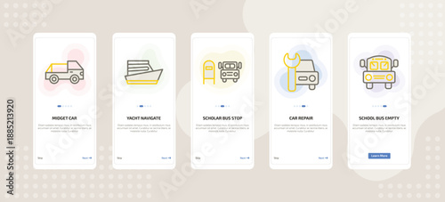 onboarding screen template for transport mobile app ui with midget car, yacht navigate, scholar bus stop, car repair, school bus empty icons.