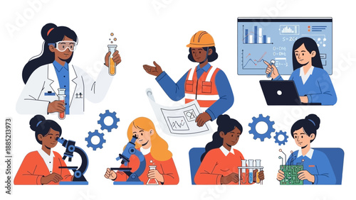 Illustration of diverse people including a doctor, engineer, and businesswoman celebrating science day with colorful graphics and gears, conveying a super colorful and industrious mood.