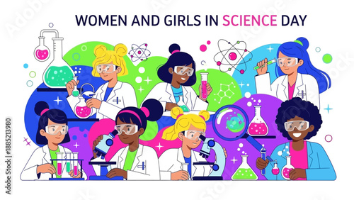 Illustration of diverse girls and women in lab coats celebrating Women and Girls in Science Day with colorful scientific equipment and globe.