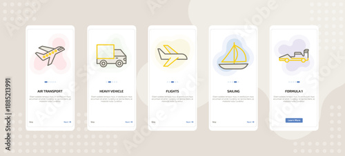 onboarding screen template for transport mobile app ui with air transport, heavy vehicle, flights, sailing, formula 1 icons.