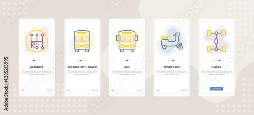 onboarding screen template for transport mobile app ui with gearshift, bus front with driver, bus, scooter bike, chassis icons.