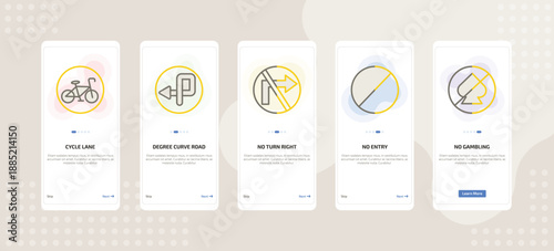 onboarding screen template for road signs mobile app ui with cycle lane, degree curve road, no turn right, no entry, no gambling icons.
