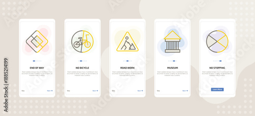 onboarding screen template for road signs mobile app ui with end of way, no bicycle, road work, museum, no stopping icons.