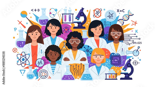 A colorful illustration of diverse girls and women in lab coats surrounded by science equipment and symbols on Science Day, conveying a super colorful and educational mood.