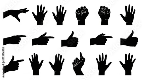 Collection of Diverse Hand Gestures Silhouettes Isolated on White Background.