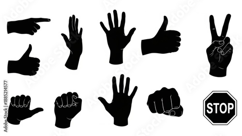 Collection of Black Hand Gestures and Stop Sign Silhouette.