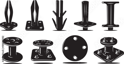 Black and white illustration of various metal fasteners collection