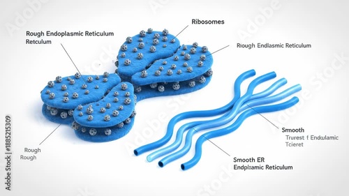 Detailed 3D animation of rough and smooth endoplasmic reticulum with ribosomes. Visualizing cellular protein synthesis.